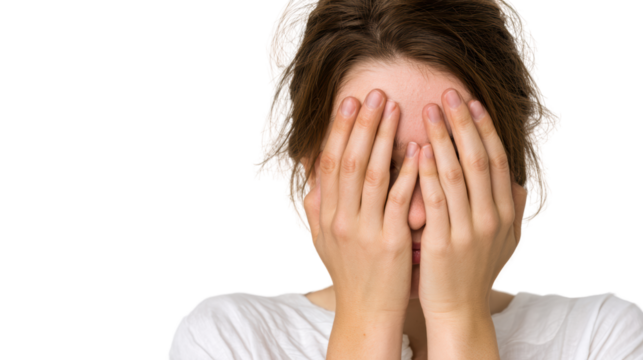 A person expressing emotions with hands covering face, isolated on white background. - Powered by Adobe