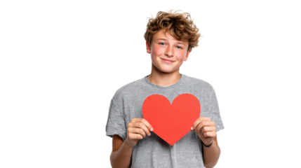 A young boy holding a red heart symbol, smiling at the camera, on a white isolated background.
