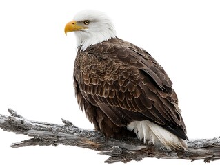 Obraz premium Majestic bald eagle perched gracefully on a weathered branch, showcasing its striking plumage and keen gaze.
