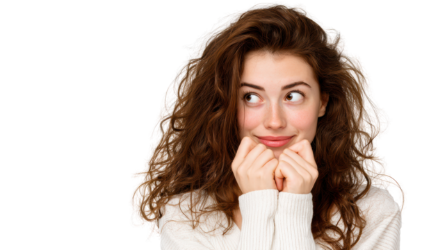 A young woman with curly hair and a playful expression, looking thoughtfully to the side.