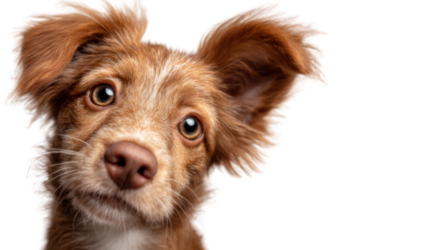 Adorable brown and white dog with curious expression, isolated on white background.