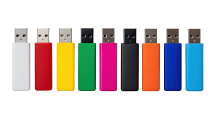 Colorful USB flash drives isolated on white background showcasing storage solutions for modern devices.