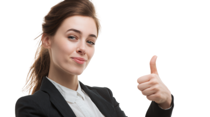 Confident businesswoman giving a thumbs up, encouraging positive vibes and success.