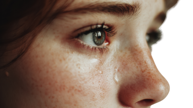 Close-up of a tearful eye, capturing emotion and vulnerability against a white isolated background.
