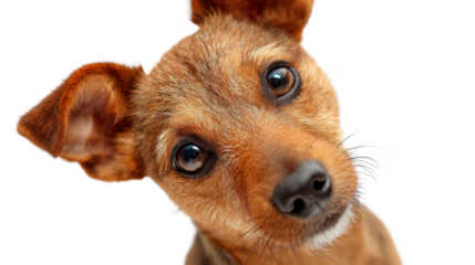 Cute dog with big eyes, head tilted, isolated on white background.