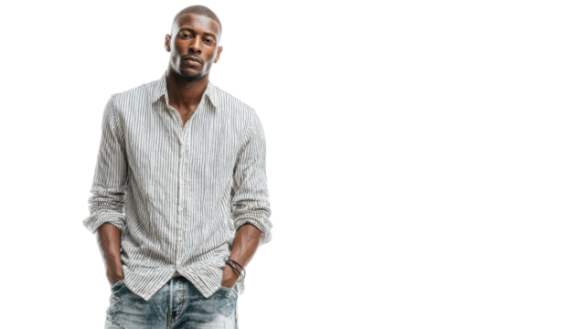 Confident man in casual outfit, standing with hands in pockets, isolated on white background.