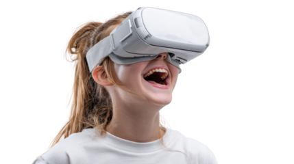 Excited girl wearing virtual reality headset, enjoying immersive gaming experience, with white isolate background.