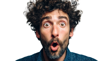 Excited man with curly hair, wide eyes, and open mouth expressing surprise or joy.