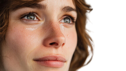 Fototapeta premium Expressive portrait of a woman with tears in her eyes, conveying deep emotions and vulnerability.