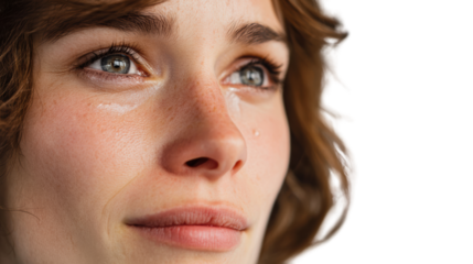 Expressive portrait of a woman with tears in her eyes, conveying deep emotions and vulnerability.