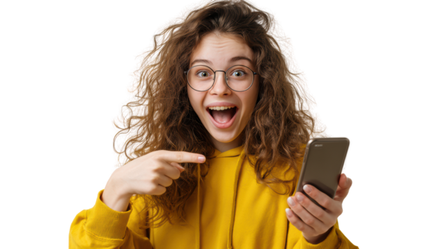 Excited young woman with curly hair and glasses, pointing at her smartphone, joyful expression on a white background.