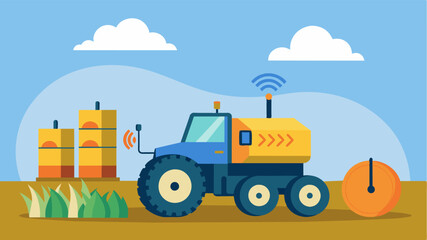 A selfpropelled hay baler equipped with sensors and GPS technology automatically creating and stacking hay bales with minimal human interaction.. Vector illustration