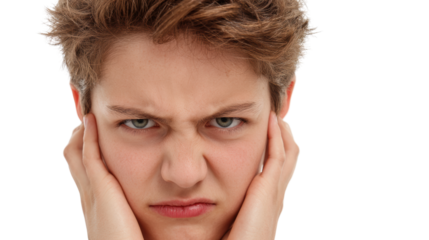 Frustrated young person expressing discomfort, isolated on white background.