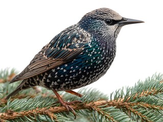 A beautiful european starling with speckled plumage perches gracefully on a lush green evergreen branch.