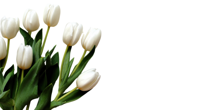 Fresh white tulips with green leaves arranged beautifully on a white background.