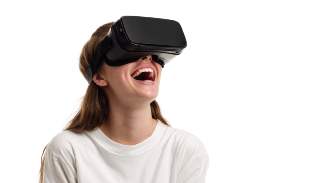 Joyful woman experiencing virtual reality with a headset, isolated on a white background.