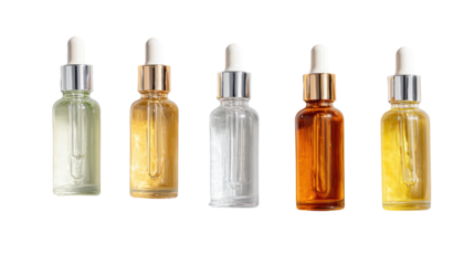 Set of five glass dropper bottles with different colored oils on a white isolated background.