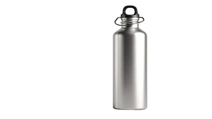 Silver stainless steel water bottle on a white isolated background.