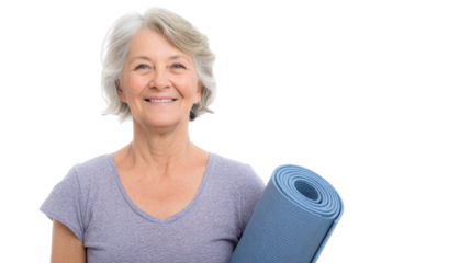 Senior woman smiling, holding a yoga mat, promoting an active lifestyle, white isolate background.