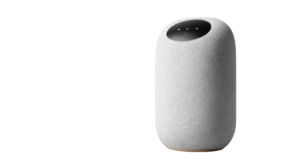 Smart speaker with minimalist design, featuring touch controls and fabric finish, perfect for modern interiors.
