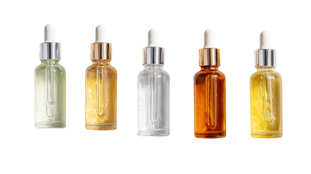 Set of five glass dropper bottles with different colored oils on a white isolated background.