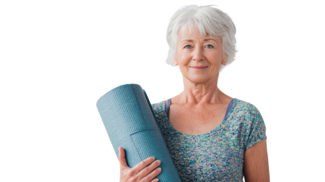 Senior woman smiling with yoga mat, promoting healthy living and fitness lifestyle.