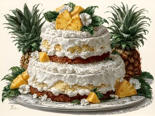 A two tiered pine cake adorned with cream frosting and pine slices sitting on an ornate platter.