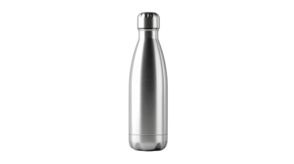 Stainless steel water bottle on a white isolated background.