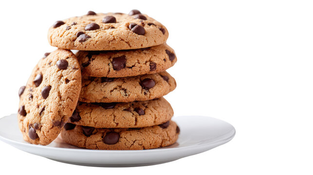 Stack of chocolate chip cookies on a white plate, isolated on a white background.