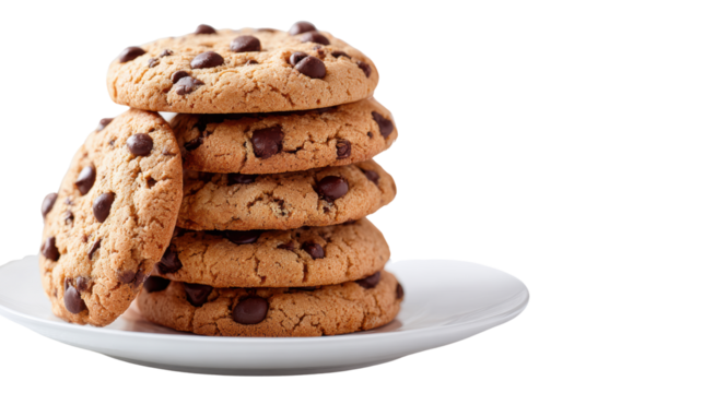 Stack of chocolate chip cookies on a white plate, isolated on a white background.