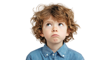 Thoughtful child with curly hair, looking up with a contemplative expression against a white background.