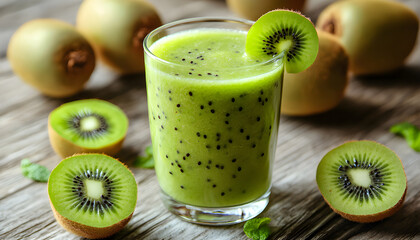 glass of kiwi juice with fresh fruits on wooden table