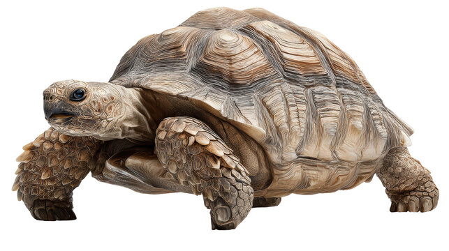 Tortoise on a white isolated background, showcasing its detailed shell and natural texture.