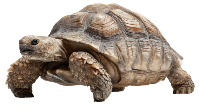 Tortoise on a white isolated background, showcasing its detailed shell and natural texture.