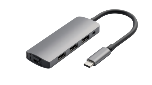 USB-C hub with multiple ports for enhanced connectivity, white isolate background.