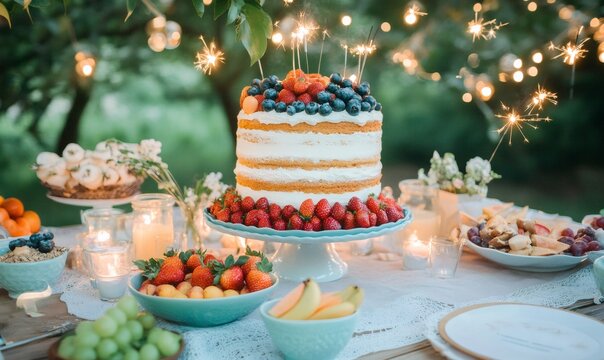 Beautifully decorated naked cake takes center stage at an outdoor party, adorned with fresh berries and sparklers, surrounded by an array of fruits and candles