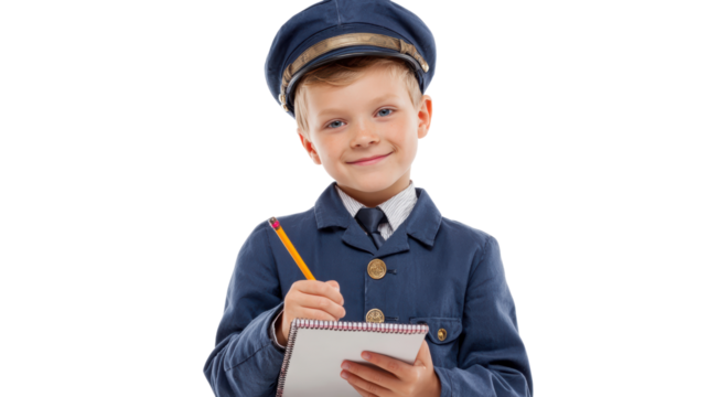 Young boy in uniform holding a notepad and pencil, smiling on white isolated background.