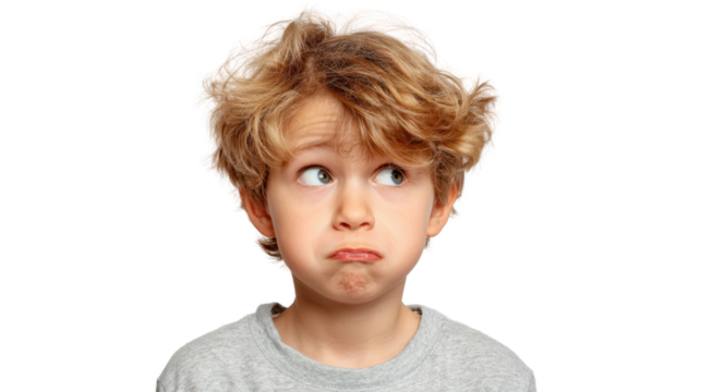Young boy looking confused with a pouty expression against a white isolated background.