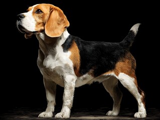 A tri-colored beagle with floppy ears stands attentively against a dark background looking to the left side.