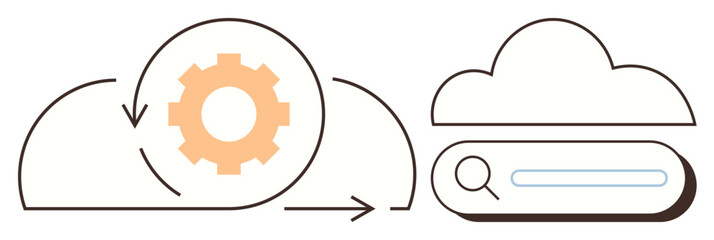 Gear rotates within cloud, symbolizing processing, alongside search bar for retrieval. Ideal for technology, cloud computing, IT services, data management, innovation, automation digital tools