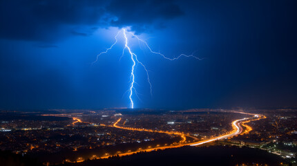 Massive Lightning Strike Illuminating Night Cityscape, Electric Storm Flash Over Urban Skyline with Glowing Roads and Dark Blue Cloudy Sky