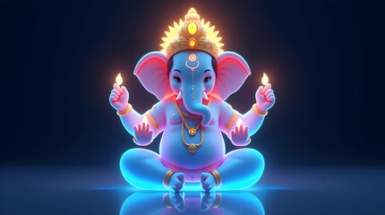 Glowing Baby Ganesha with Diyas, Divine Ganapati Bappa Morya Illustration for Ganesh Chaturthi Vinayak Vinayaka Chaturthi Hindu Festival Artwork