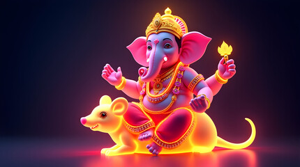 Ganesh Chaturthi Ganesha on Mouse, Glowing Idol of Ganapati Bappa Vinayak in Divine Aura, Perfect for Chaturthi, Vinayaka Festival & Devotional Art