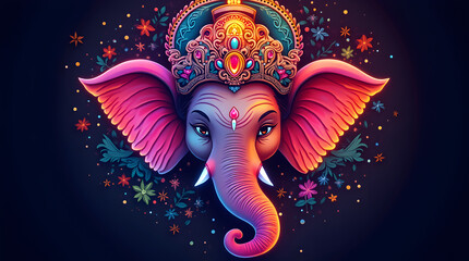 Floral Artistic Ganesha Face Illustration, Ganesh Chaturthi Ganapati Bappa Vinayak Vinayaka Morya Design for Chaturthi Festival and Spiritual Decor