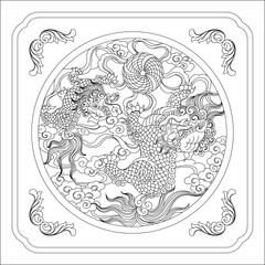 Detailed B&W line art of two intertwining dragons amidst clouds in an ornate circular frame. Features intricate traditional East Asian mythical style.