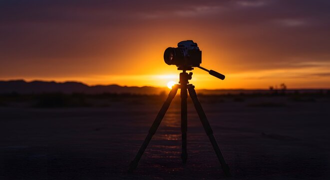 Camera on Tripod Silhouette at Sunset: Photography Equipment on Desert Landscape - Powered by Adobe