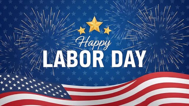 Happy Labor Day Fireworks, American Flag, and Stars Celebration Illustration