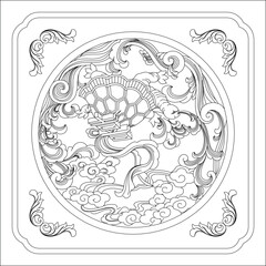Detailed B&W line art of a mythical creature, likely a dragon or Qilin, amid clouds within a circular, ornate frame. Features intricate traditional East Asian style.