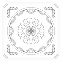 Detailed B&W line art of a central floral motif with radial symmetry, surrounded by ornate patterns in a square frame. Ideal for traditional designs or coloring