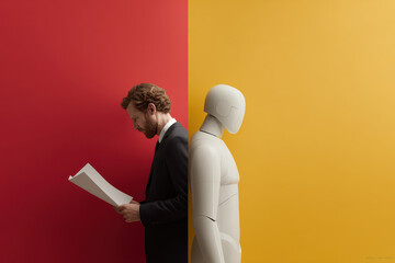 minimalist ultramodern split portrait left half shows tired office man in suit holding papers right half is